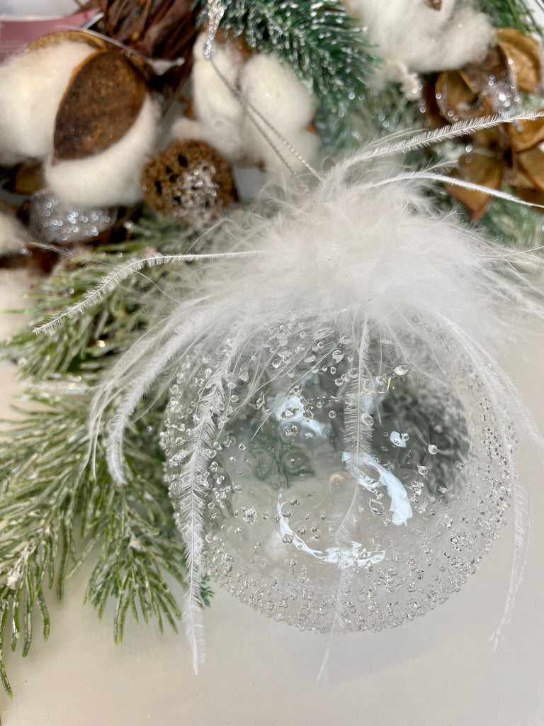 8cm Clear Feather Baubles Set Of 4